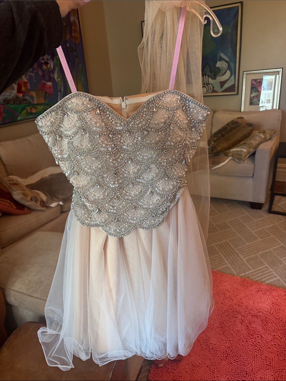 Beaded Strapless Ivory & Silver Prom Dress